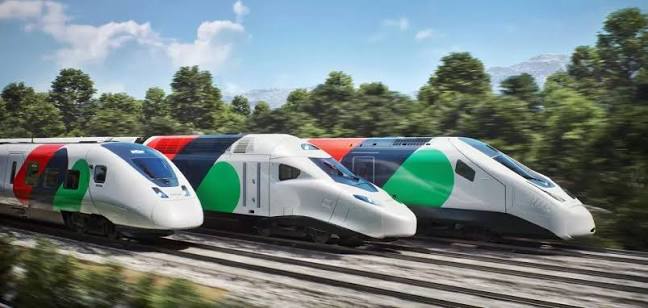 Promotional illustration of three ONCF new-generation train designs in a landscape setting.